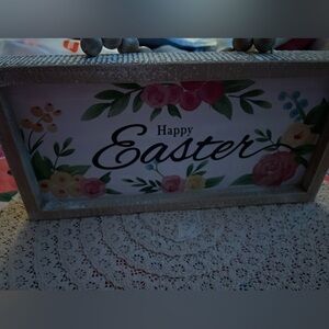 Rose and Yellow Happy Easter sign with distressed wood and wooden bead hanger